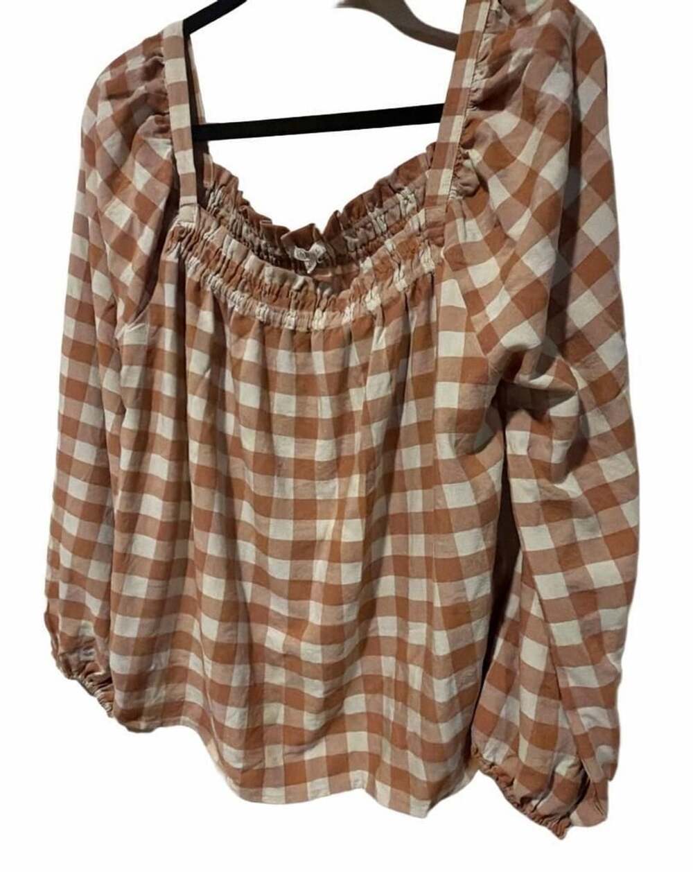 Jodifl Brown and White Gingham Long Sleeve Top